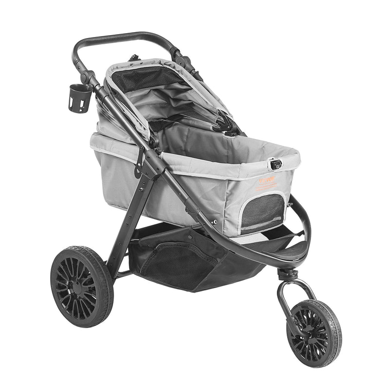 VEVOR Mājdzīvnieku rati, 3 PU riteņi suņu rati ar bremzēm, 34 kg kravnesība, kucēnu rati ar mājdzīvnieku spilvenu, uzglabāšanas grozu un ārējo kausa turētāju, piemēroti maziem līdz vidējiem suņiem, pelēki