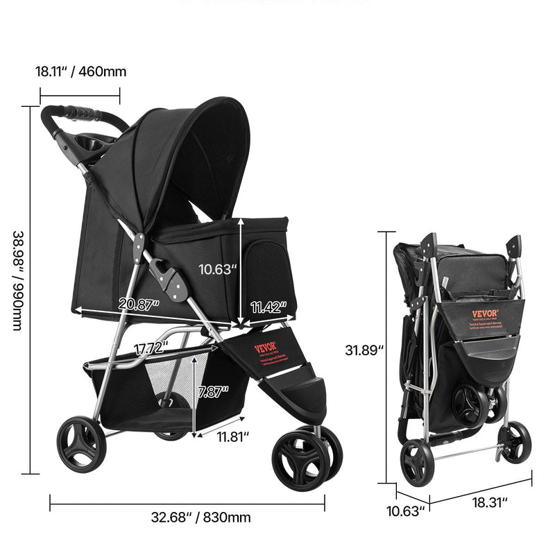VEVOR Saliekams mājdzīvnieku ratiņkrēsls ar 3 riteņiem un bremzi, līdz 15,9 kg