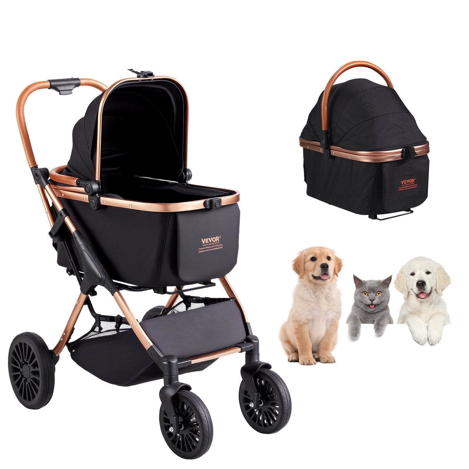 VEVOR mājdzīvnieku ratiņi, četrriteņu suņu ratiņi ar bremzēm, slodze līdz 29,9 kg, kucēnu ratiņi ar noņemamu nesēju, mantu grozu un paklājiņu, melni, maziem un vidējiem suņiem