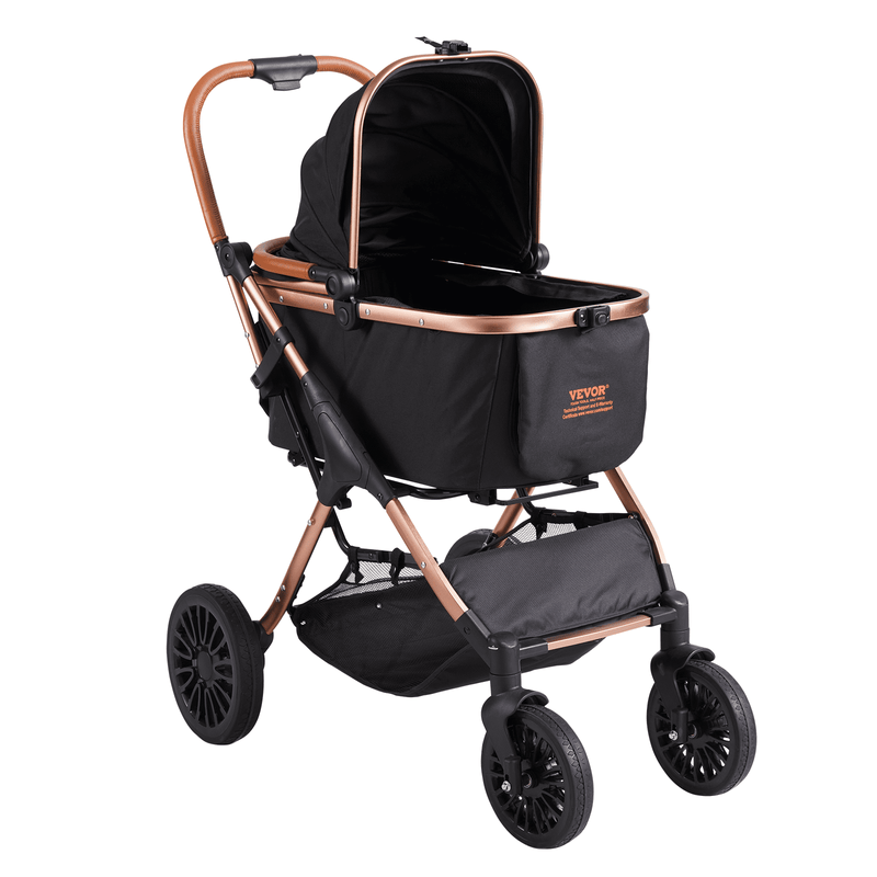 VEVOR mājdzīvnieku ratiņi, četrriteņu suņu ratiņi ar bremzēm, slodze līdz 29,9 kg, kucēnu ratiņi ar noņemamu nesēju, mantu grozu un paklājiņu, melni, maziem un vidējiem suņiem