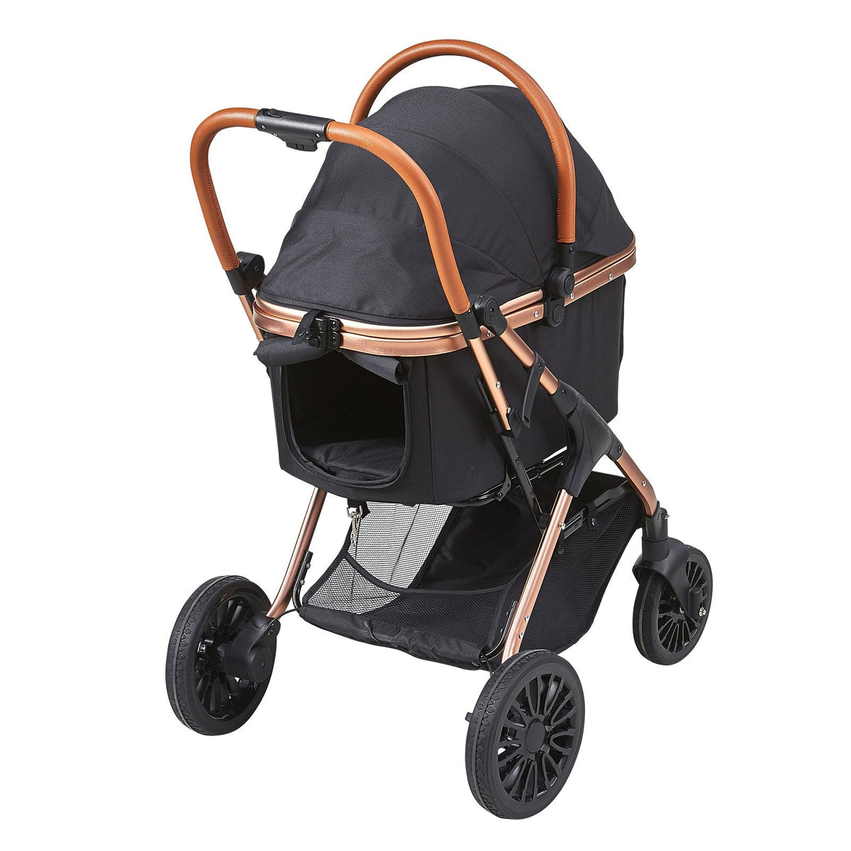 VEVOR mājdzīvnieku ratiņi, četrriteņu suņu ratiņi ar bremzēm, slodze līdz 29,9 kg, kucēnu ratiņi ar noņemamu nesēju, mantu grozu un paklājiņu, melni, maziem un vidējiem suņiem