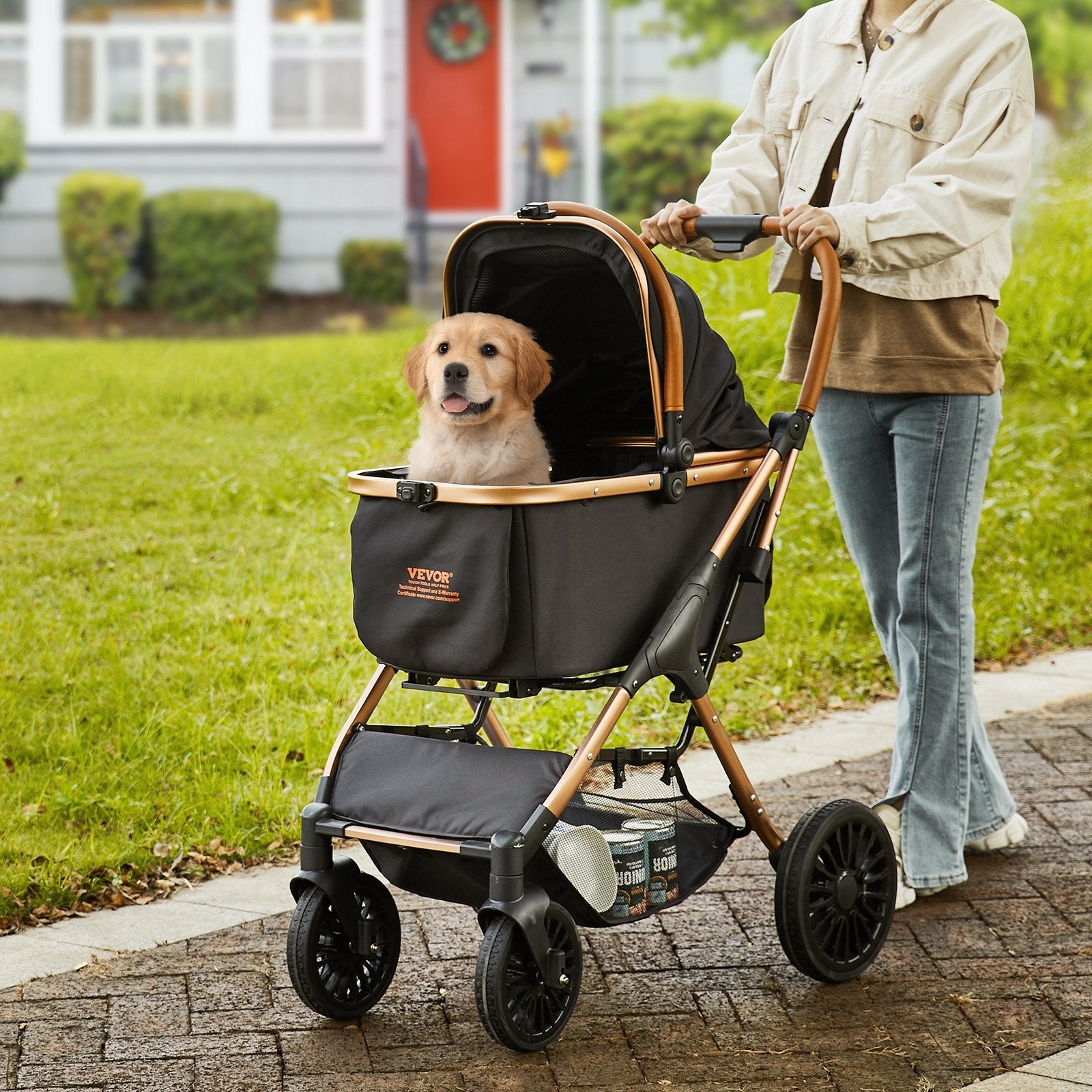 VEVOR mājdzīvnieku ratiņi, četrriteņu suņu ratiņi ar bremzēm, slodze līdz 29,9 kg, kucēnu ratiņi ar noņemamu nesēju, mantu grozu un paklājiņu, melni, maziem un vidējiem suņiem