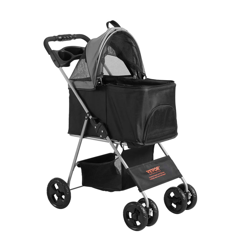 VEVOR mājdzīvnieku ratiņi ar 4 riteņiem un bremzēm, kravnesība līdz 16 kg, suņu/kaķu ratiņi ar noņemamu pārnēsājamo grozu, uzglabāšanas grozu un dzērienu turētāju, piemēroti ceļošanai, melni/tumši pelēki