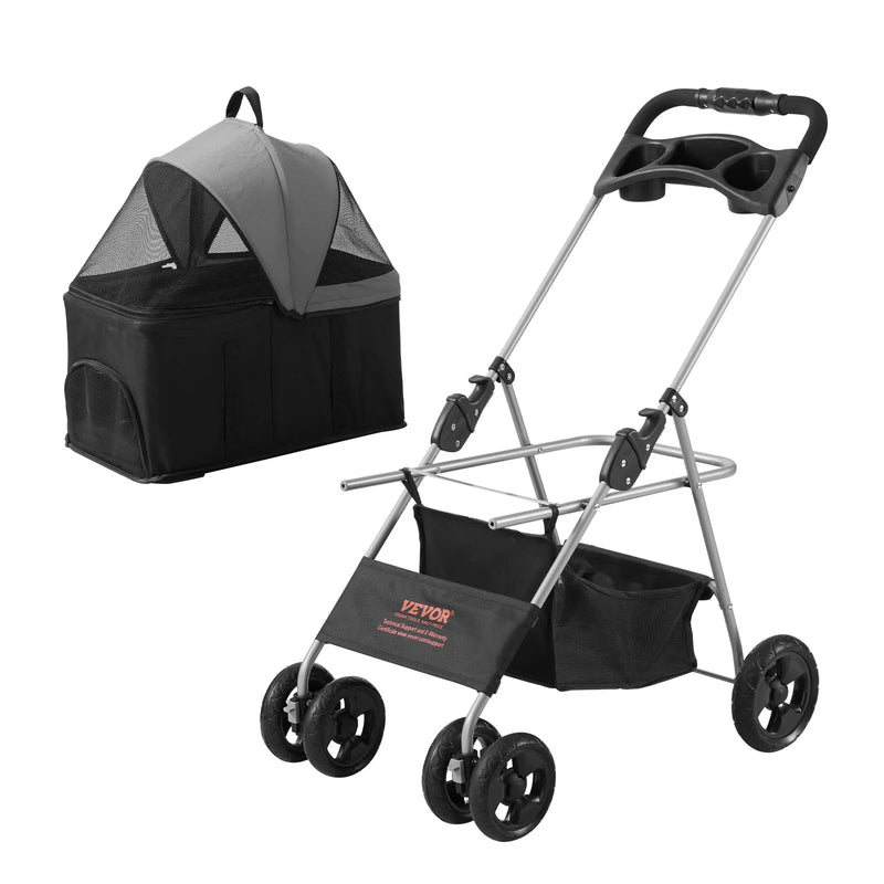 VEVOR mājdzīvnieku ratiņi ar 4 riteņiem un bremzēm, kravnesība līdz 16 kg, suņu/kaķu ratiņi ar noņemamu pārnēsājamo grozu, uzglabāšanas grozu un dzērienu turētāju, piemēroti ceļošanai, melni/tumši pelēki