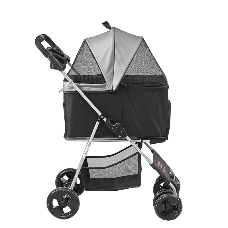 VEVOR mājdzīvnieku ratiņi ar 4 riteņiem un bremzēm, kravnesība līdz 16 kg, suņu/kaķu ratiņi ar noņemamu pārnēsājamo grozu, uzglabāšanas grozu un dzērienu turētāju, piemēroti ceļošanai, melni/tumši pelēki