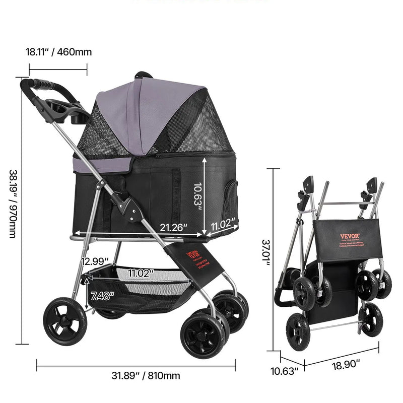 VEVOR mājdzīvnieku ratiņi, kravnesība līdz 16 kg, salokāmi suņu/kaķu ratiņi ar 4 riteņiem, noņemamu pārnēsājamo ieliktni un sieta logiem, pārnēsājams dzīvnieku ratiņš ar bremzi maziem un vidējiem mājdzīvniekiem