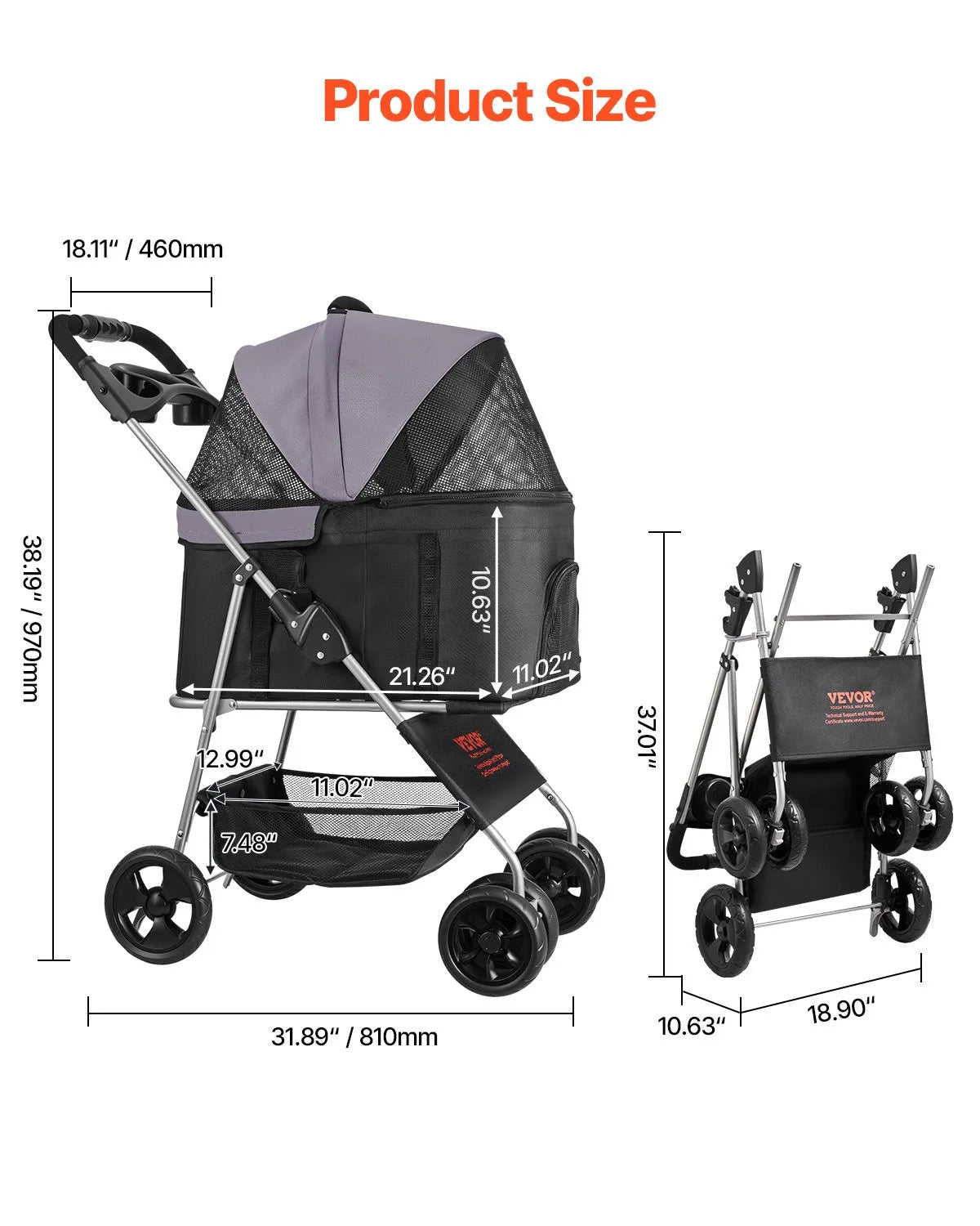 VEVOR mājdzīvnieku ratiņi, kravnesība līdz 16 kg, salokāmi suņu/kaķu ratiņi ar 4 riteņiem, noņemamu pārnēsājamo ieliktni un sieta logiem, pārnēsājams dzīvnieku ratiņš ar bremzi maziem un vidējiem mājdzīvniekiem
