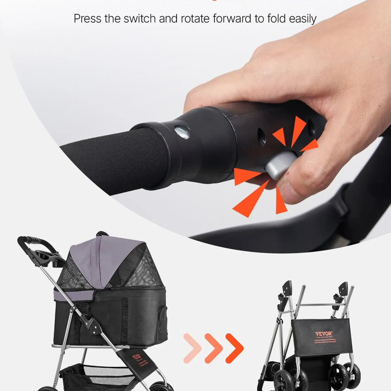 VEVOR mājdzīvnieku ratiņi, kravnesība līdz 16 kg, salokāmi suņu/kaķu ratiņi ar 4 riteņiem, noņemamu pārnēsājamo ieliktni un sieta logiem, pārnēsājams dzīvnieku ratiņš ar bremzi maziem un vidējiem mājdzīvniekiem