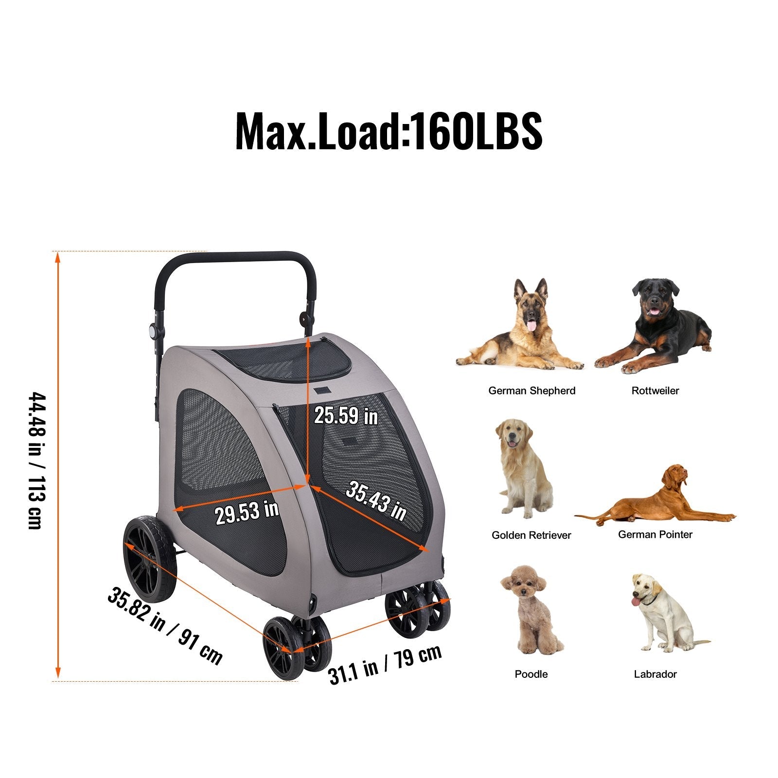 VEVOR četrriteņu mājdzīvnieku ratiņi suņiem, nēsātājs ar 160 lbs / 72,5 kg svara kapacitāti, pārnēsājams