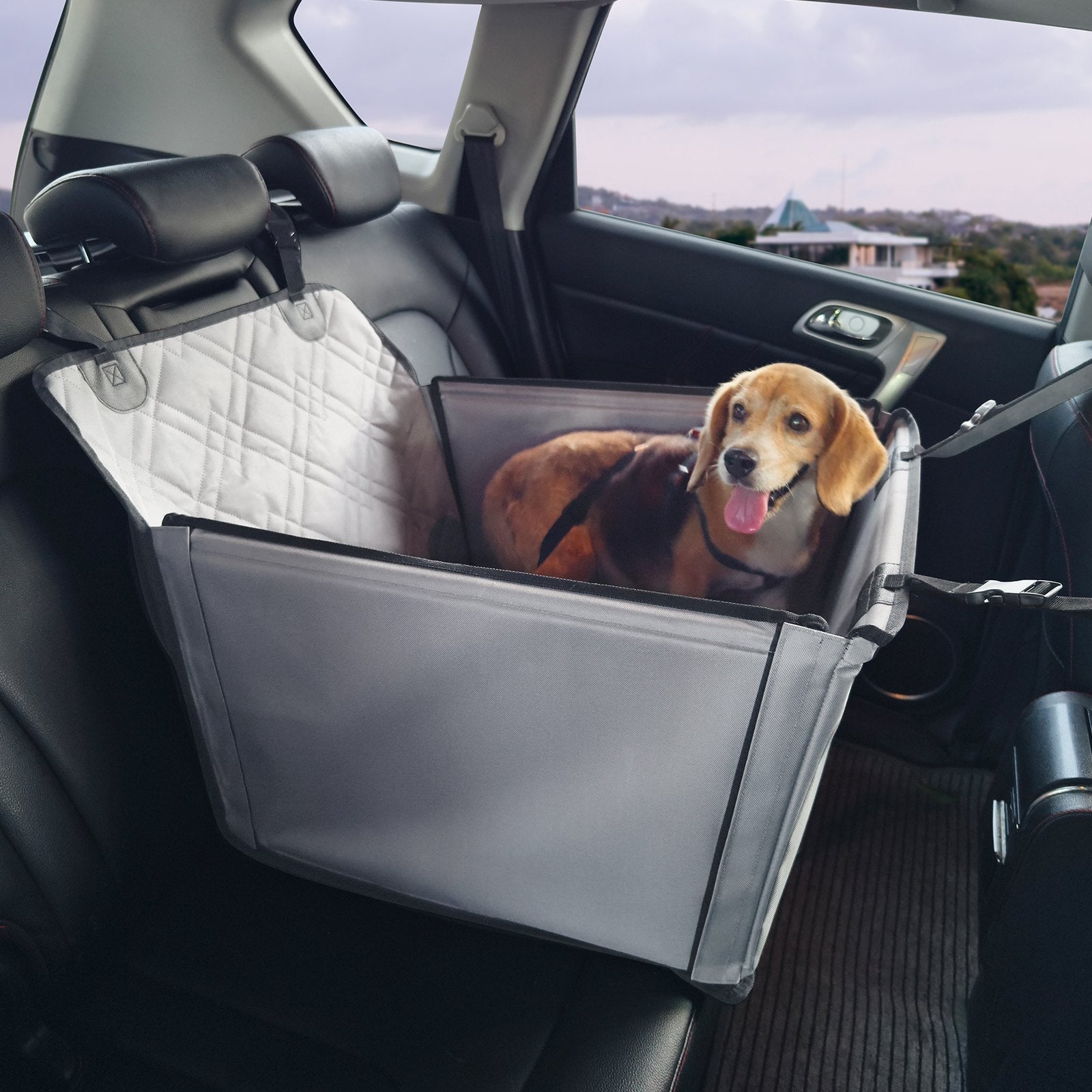 VEVOR ūdensnecaurlaidīgs suņu auto sēdeklis ar atbalsta rāmi un drošības pavadas stiprinājumu, piemērots maziem, vidējiem un lieliem suņiem līdz 22 kg, pelēkā krāsā