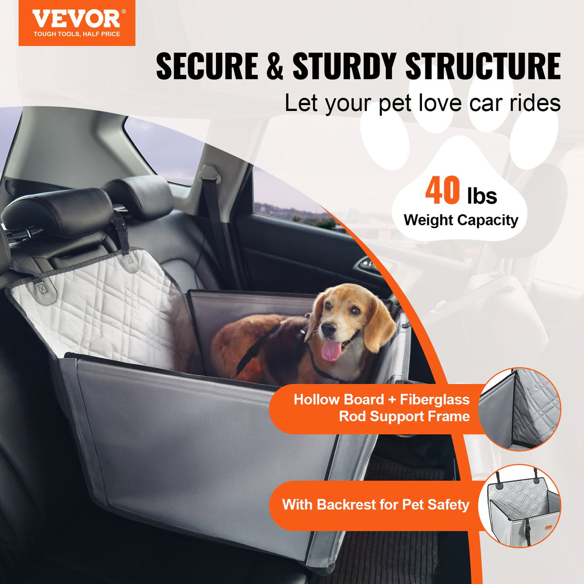 VEVOR Paaugstinātais auto sēdeklis suņiem līdz 18 kg, 600 x 500 x 190 mm, pelēks