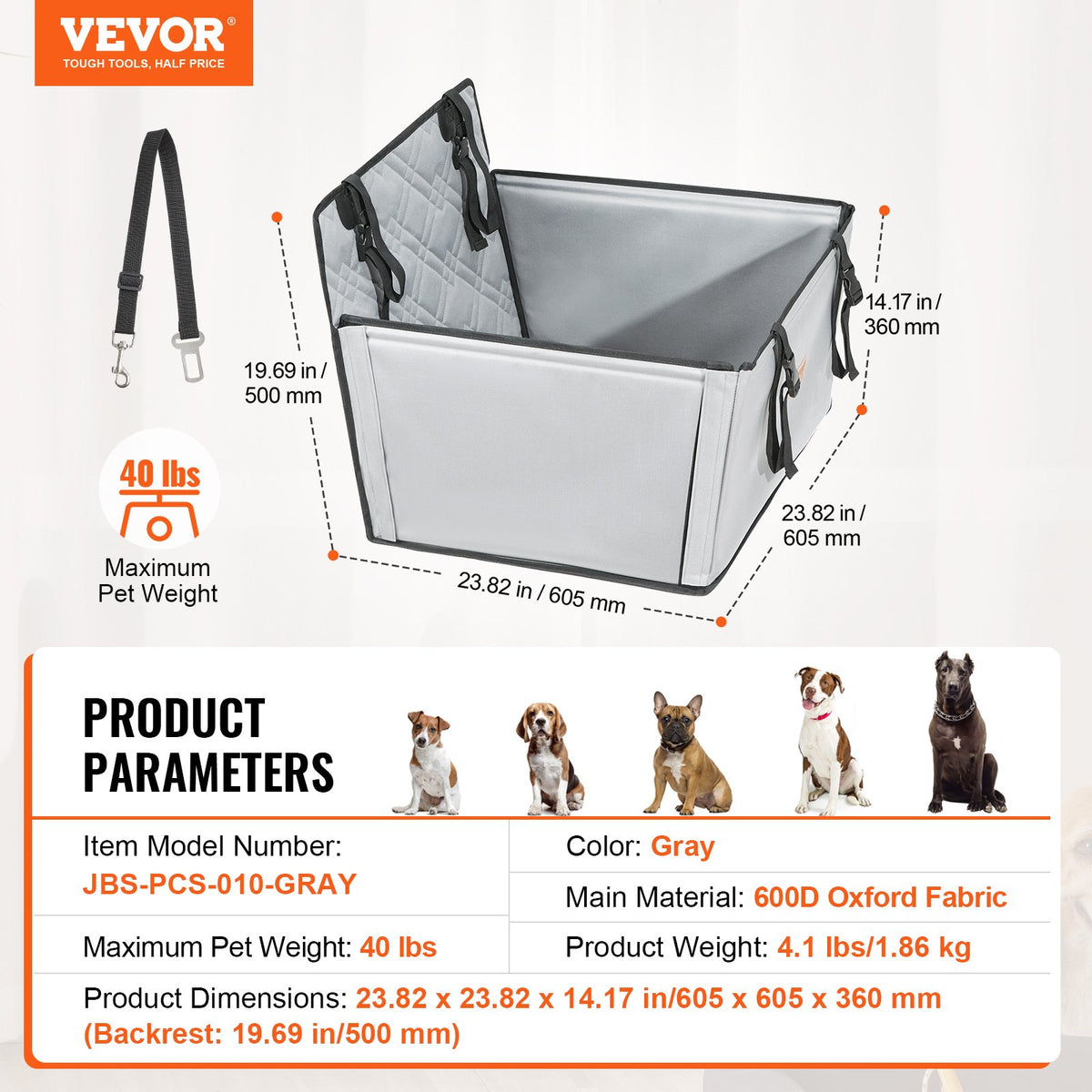 VEVOR Paaugstinātais auto sēdeklis suņiem līdz 18 kg, 600 x 500 x 190 mm, pelēks