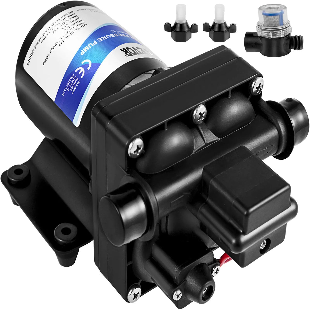 VEVOR saldūdens sūknis 12 V, pašiesūcošs membrānas sūknis 11 l/min, spiediens līdz 3,8 bar, ar spiediena slēdzi un noņemamu filtru, piemērots kemperiem, dzīvojamām piekabēm, laivām un dārza apūdeņošanai