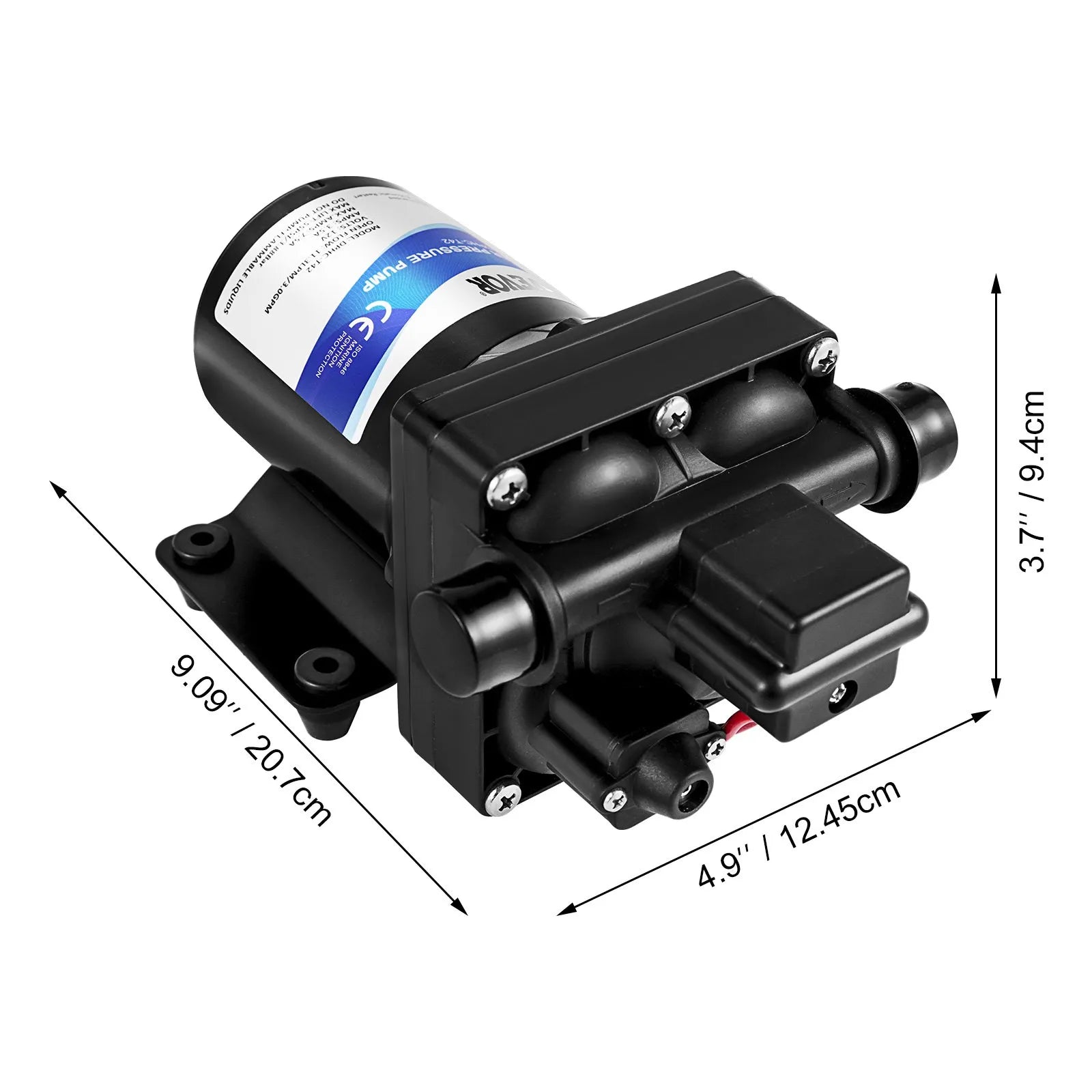 VEVOR saldūdens sūknis 12 V, pašiesūcošs membrānas sūknis 11 l/min, spiediens līdz 3,8 bar, ar spiediena slēdzi un noņemamu filtru, piemērots kemperiem, dzīvojamām piekabēm, laivām un dārza apūdeņošanai