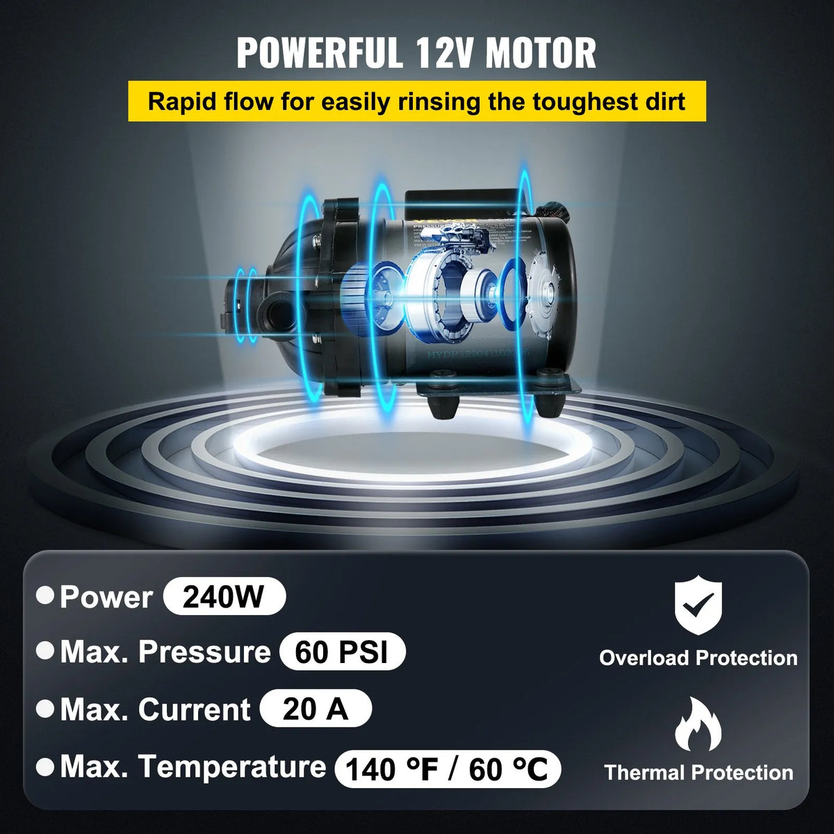 VEVOR mazgāšanas sūknis, 12 V DC, 26 l/min, spiediens līdz 4 bar, pašuzsūcošs ūdens sūknis ar pacēlumu līdz 3 m, EPDM vārsts, universāls sālsūdens filtrs un iekšējais/ārējais vītņots pieslēgums, kemperiem, laivām un jahtām