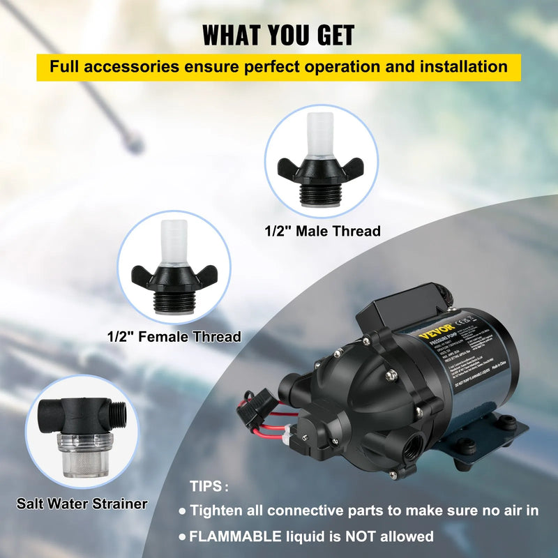 VEVOR mazgāšanas sūknis, 12 V DC, 26 l/min, spiediens līdz 4 bar, pašuzsūcošs ūdens sūknis ar pacēlumu līdz 3 m, EPDM vārsts, universāls sālsūdens filtrs un iekšējais/ārējais vītņots pieslēgums, kemperiem, laivām un jahtām