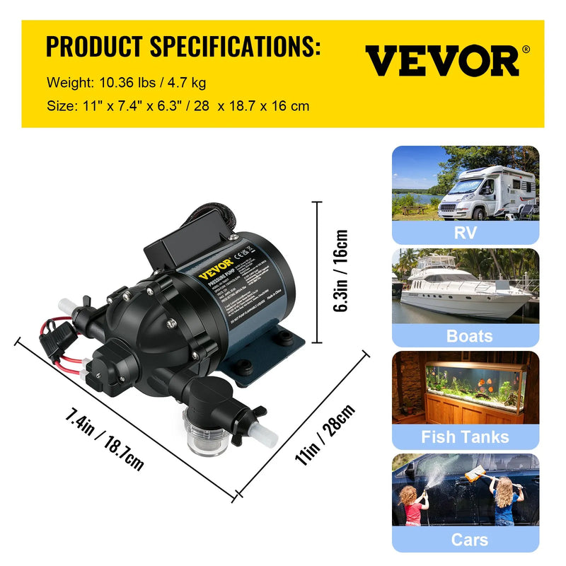 VEVOR mazgāšanas sūknis, 12 V DC, 26 l/min, spiediens līdz 4 bar, pašuzsūcošs ūdens sūknis ar pacēlumu līdz 3 m, EPDM vārsts, universāls sālsūdens filtrs un iekšējais/ārējais vītņots pieslēgums, kemperiem, laivām un jahtām