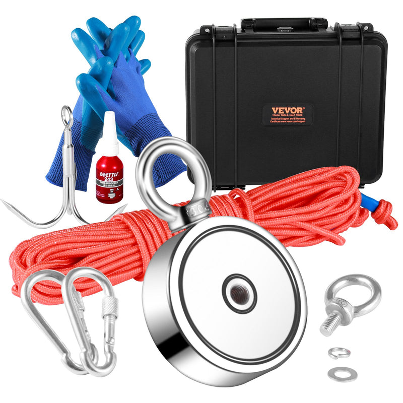 VEVOR magnetic fishing set with 545 kg pulling force, double-sided, Ø 75 mm, with rope, hook, gloves, waterproof case, threaded fastener and eye screw