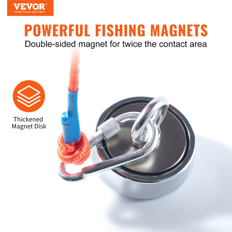 VEVOR magnetic fishing set with 545 kg pulling force, double-sided, Ø 75 mm, with rope, hook, gloves, waterproof case, threaded fastener and eye screw