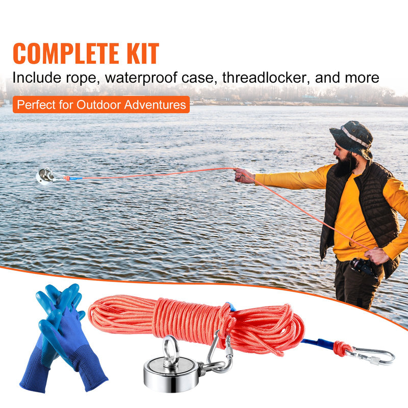 VEVOR magnetic fishing set with 545 kg pulling force, double-sided, Ø 75 mm, with rope, hook, gloves, waterproof case, threaded fastener and eye screw