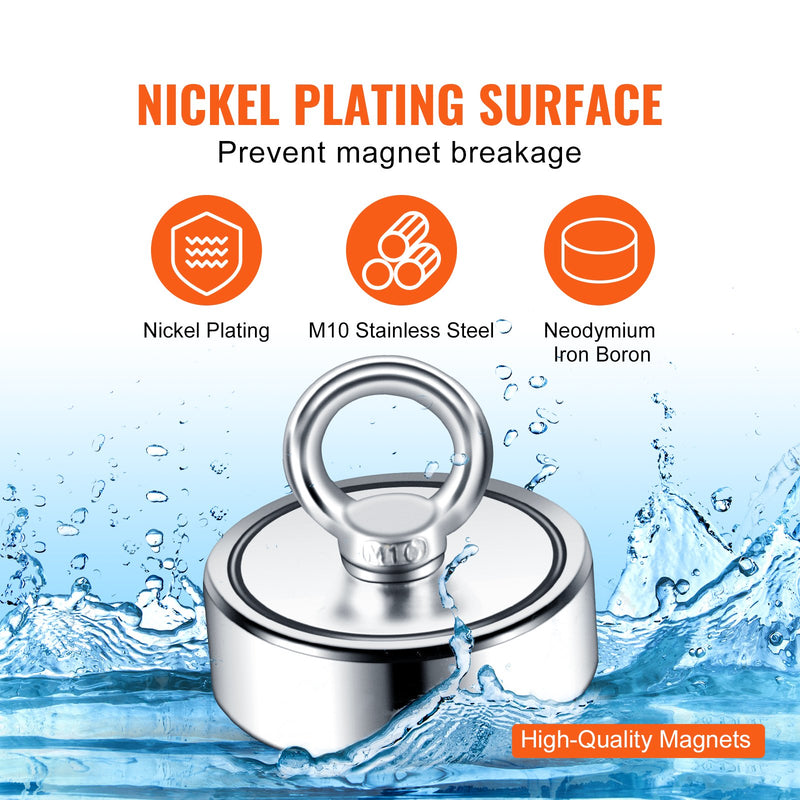 VEVOR magnetic fishing set with 545 kg pulling force, double-sided, Ø 75 mm, with rope, hook, gloves, waterproof case, threaded fastener and eye screw