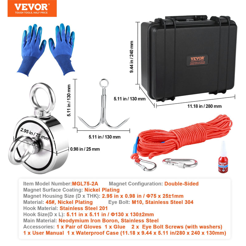 VEVOR magnetic fishing set with 545 kg pulling force, double-sided, Ø 75 mm, with rope, hook, gloves, waterproof case, threaded fastener and eye screw