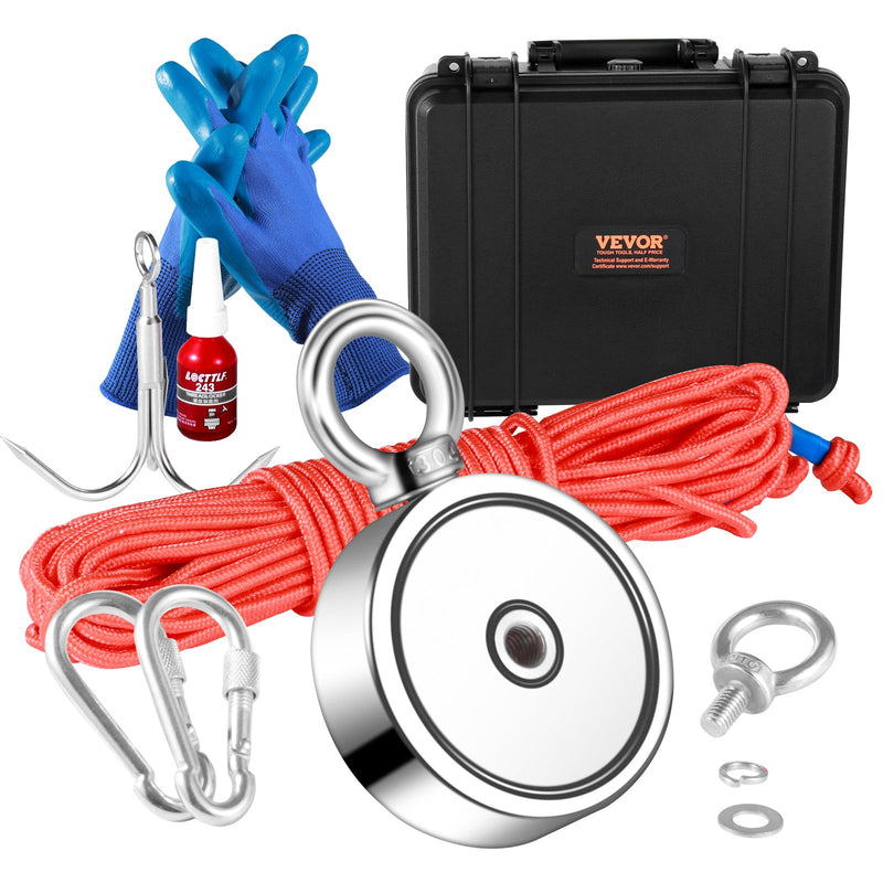 VEVOR magnetic fishing set with 545 kg pulling force, double-sided, Ø 75 mm, with rope, hook, gloves, waterproof case, threaded fastener and eye screw