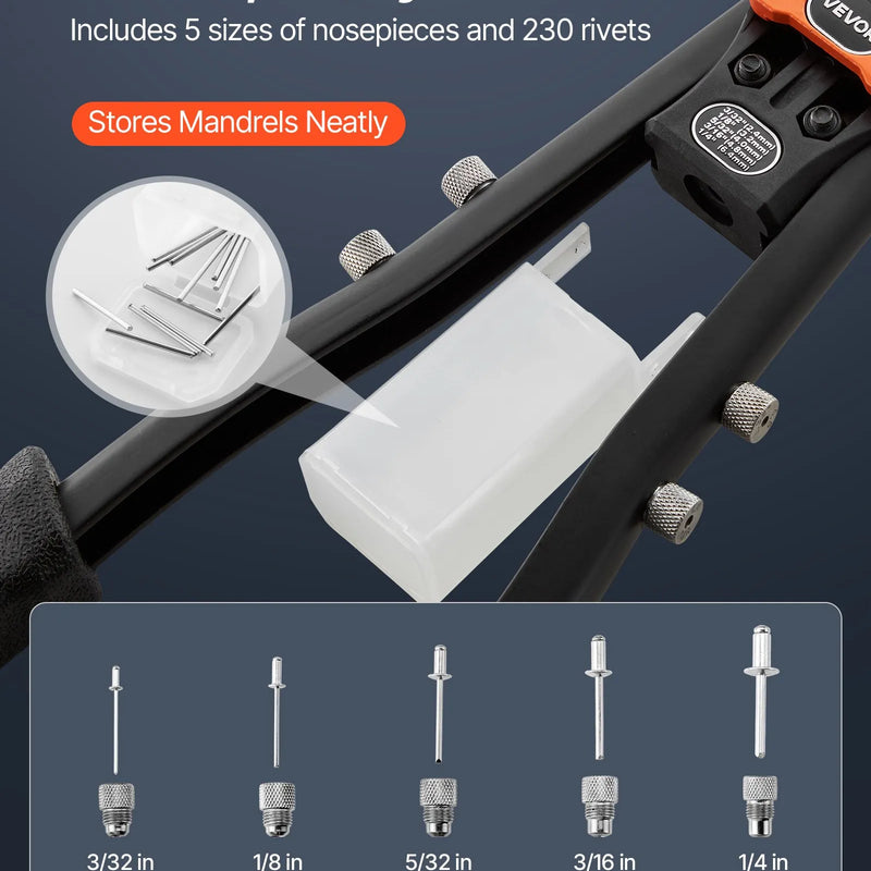 VEVOR manuālās kniedēšanas pistoles komplekts, ar 230 aklajām kniedēm, divroku kniedētājs ar 5 maināmiem uzgaļiem, 5 urbjiem un pārnēsāšanas koferi metāla, auto, mājas un DIY darbiem