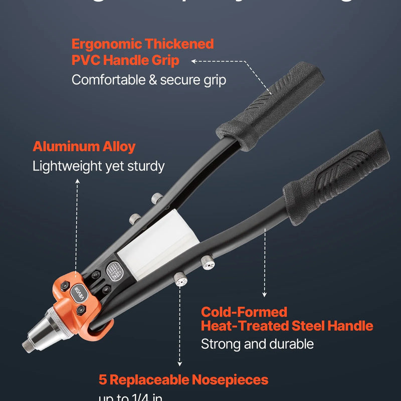 VEVOR manuālās kniedēšanas pistoles komplekts, ar 230 aklajām kniedēm, divroku kniedētājs ar 5 maināmiem uzgaļiem, 5 urbjiem un pārnēsāšanas koferi metāla, auto, mājas un DIY darbiem