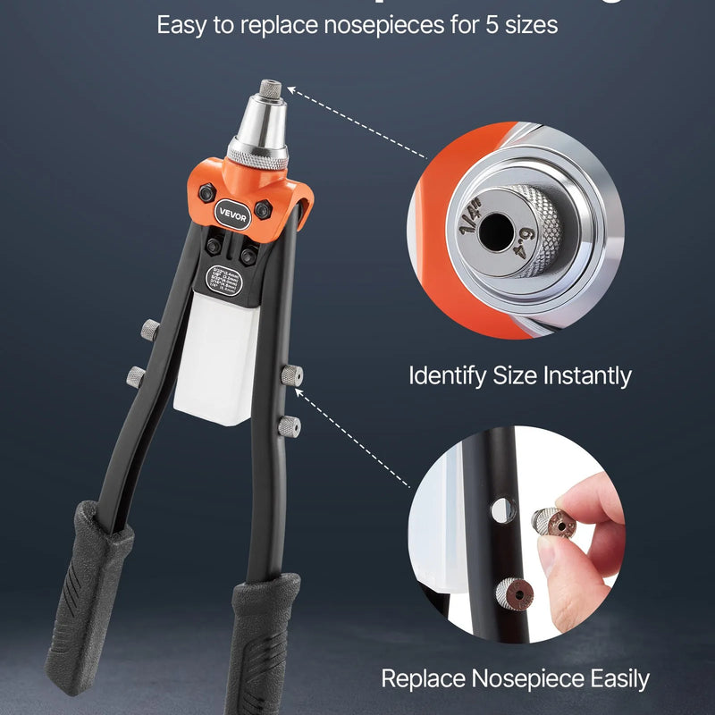 VEVOR manuālās kniedēšanas pistoles komplekts, ar 230 aklajām kniedēm, divroku kniedētājs ar 5 maināmiem uzgaļiem, 5 urbjiem un pārnēsāšanas koferi metāla, auto, mājas un DIY darbiem
