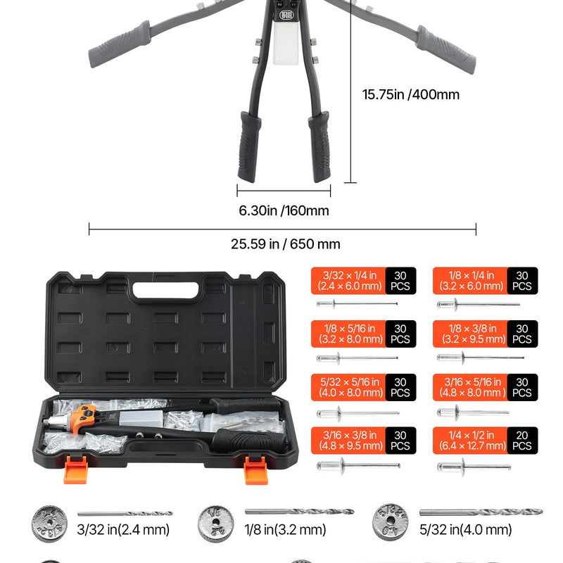 VEVOR manuālās kniedēšanas pistoles komplekts, ar 230 aklajām kniedēm, divroku kniedētājs ar 5 maināmiem uzgaļiem, 5 urbjiem un pārnēsāšanas koferi metāla, auto, mājas un DIY darbiem