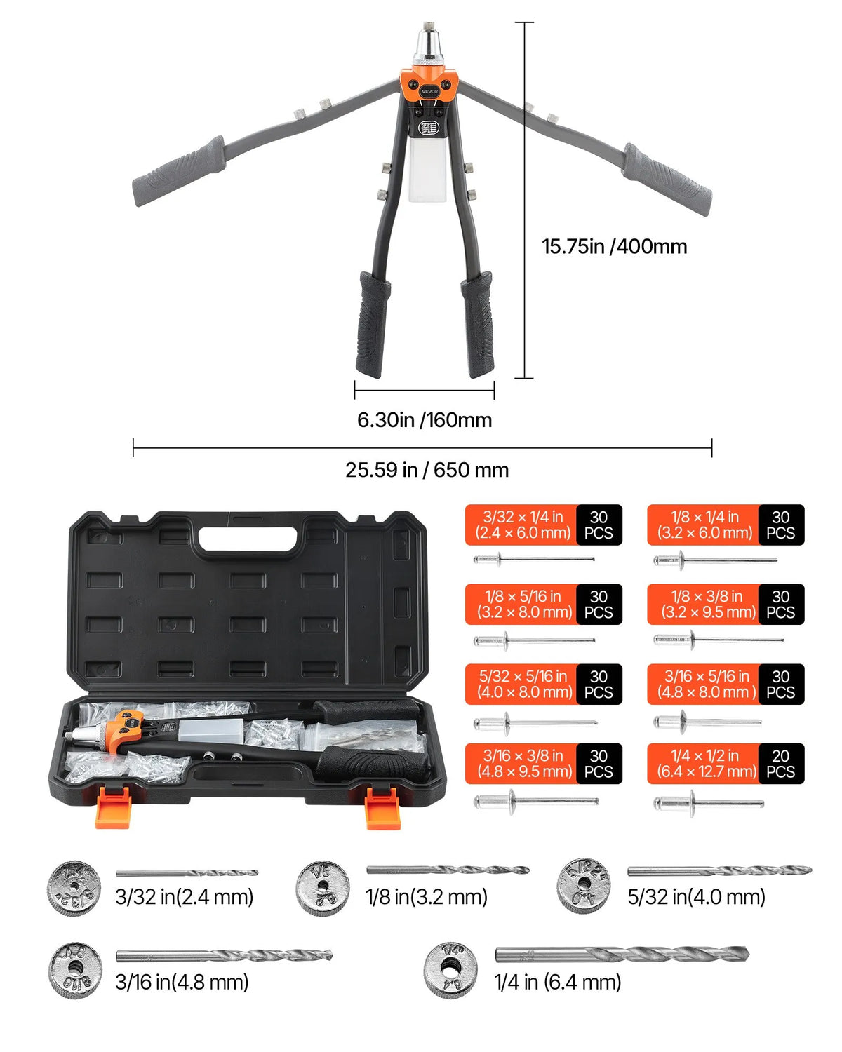 VEVOR manuālās kniedēšanas pistoles komplekts, ar 230 aklajām kniedēm, divroku kniedētājs ar 5 maināmiem uzgaļiem, 5 urbjiem un pārnēsāšanas koferi metāla, auto, mājas un DIY darbiem