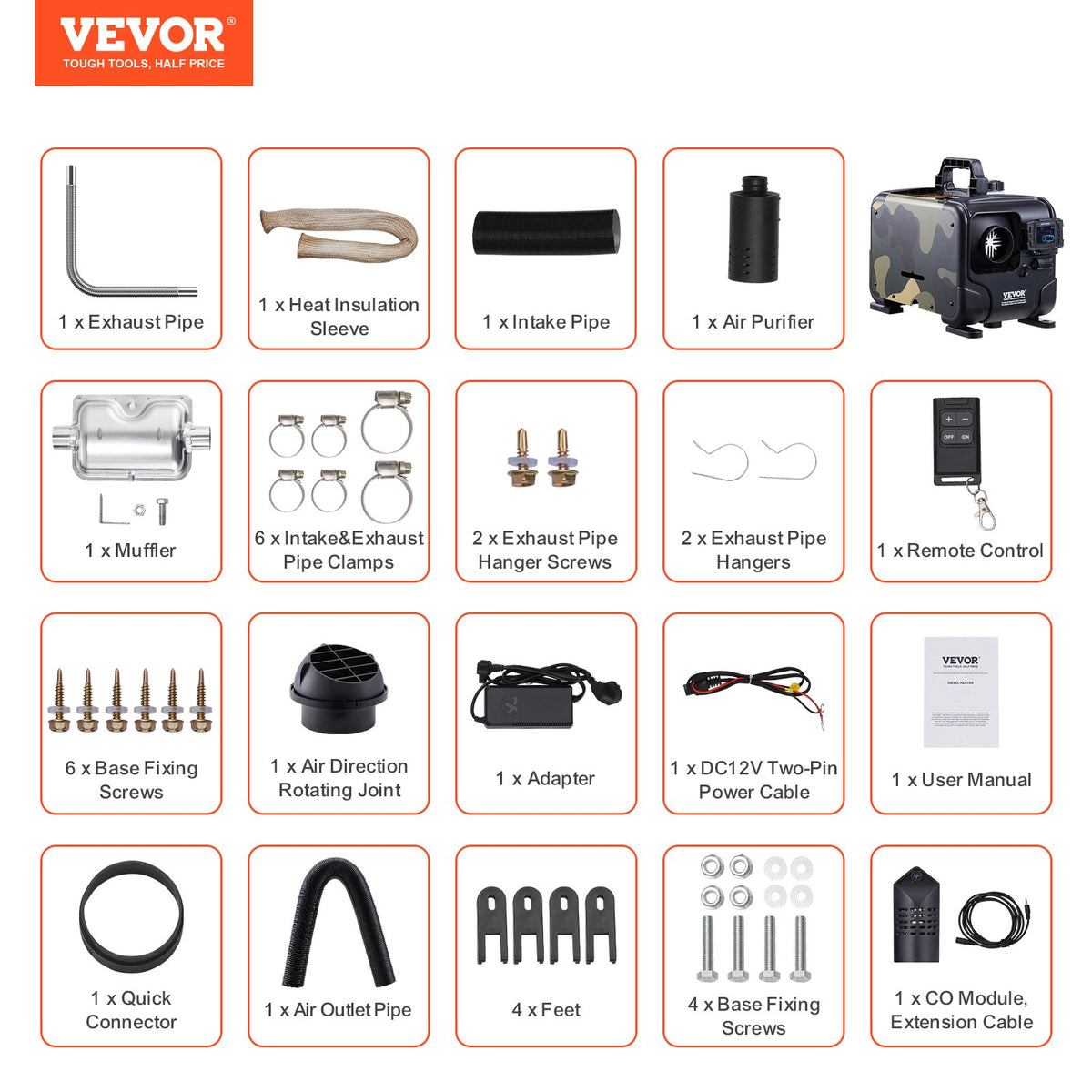 VEVOR dīzeļa gaisa sildītājs, 8 kW, 12 V, ar Bluetooth lietotni un tālvadību