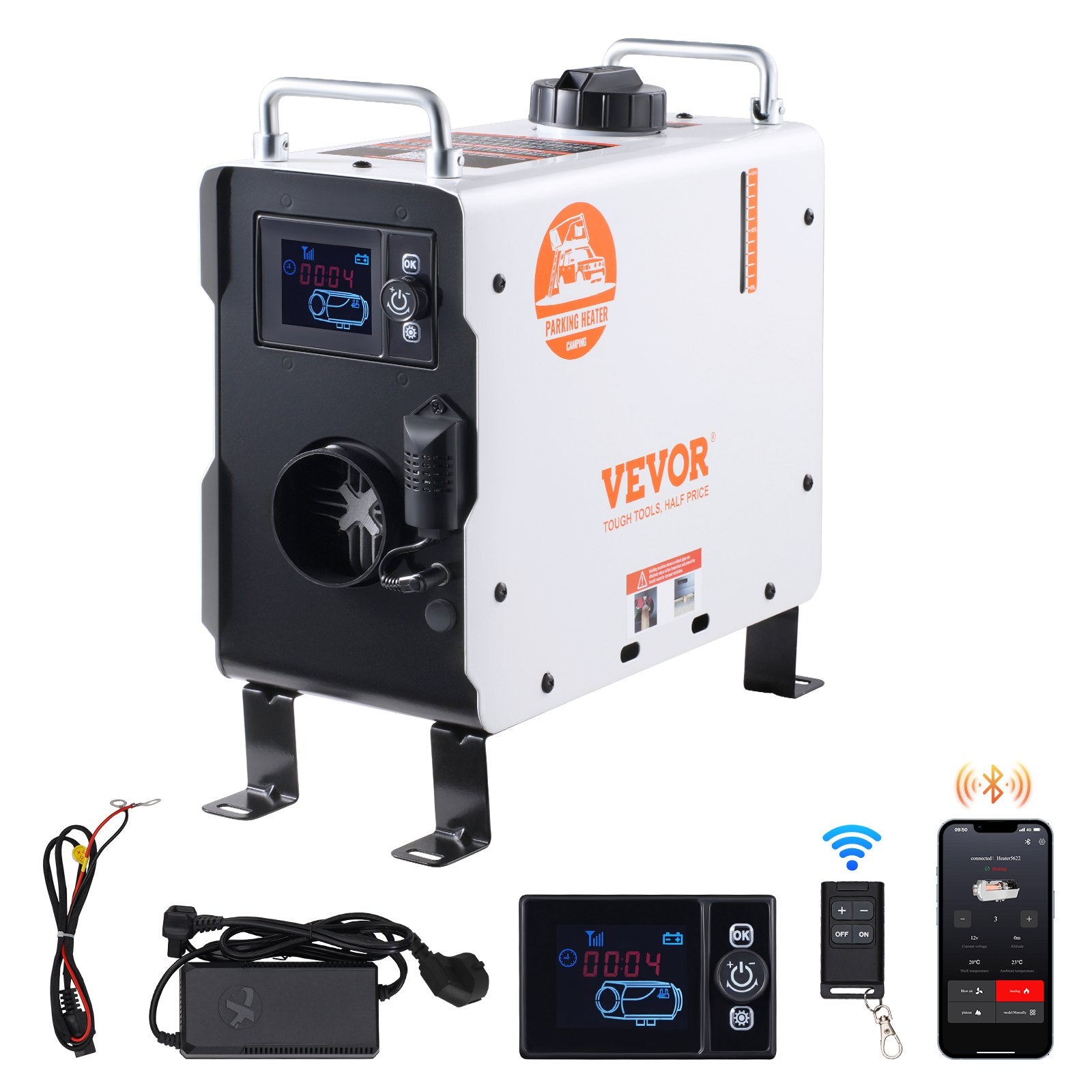 220V un 12V 2KW VEVOR dīzeļa gaisa sildītājs 2.2L baka Bluetooth APP tālvadības pults lietošanai ārpus telpām