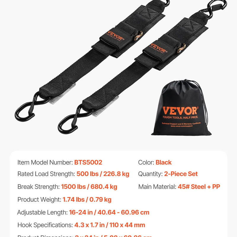 VEVOR ievelkamas sprūdrata stiprinājuma siksnas 5 × 61 cm, 2 gab., ar S veida āķiem un drošības fiksatoru, pārrāvuma slodze 680 kg, piekabēm, transportlīdzekļiem un laivām