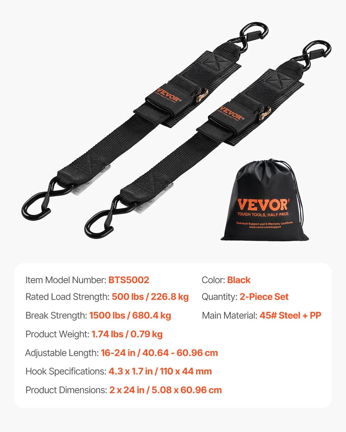 VEVOR ievelkamas sprūdrata stiprinājuma siksnas 5 × 61 cm, 2 gab., ar S veida āķiem un drošības fiksatoru, pārrāvuma slodze 680 kg, piekabēm, transportlīdzekļiem un laivām