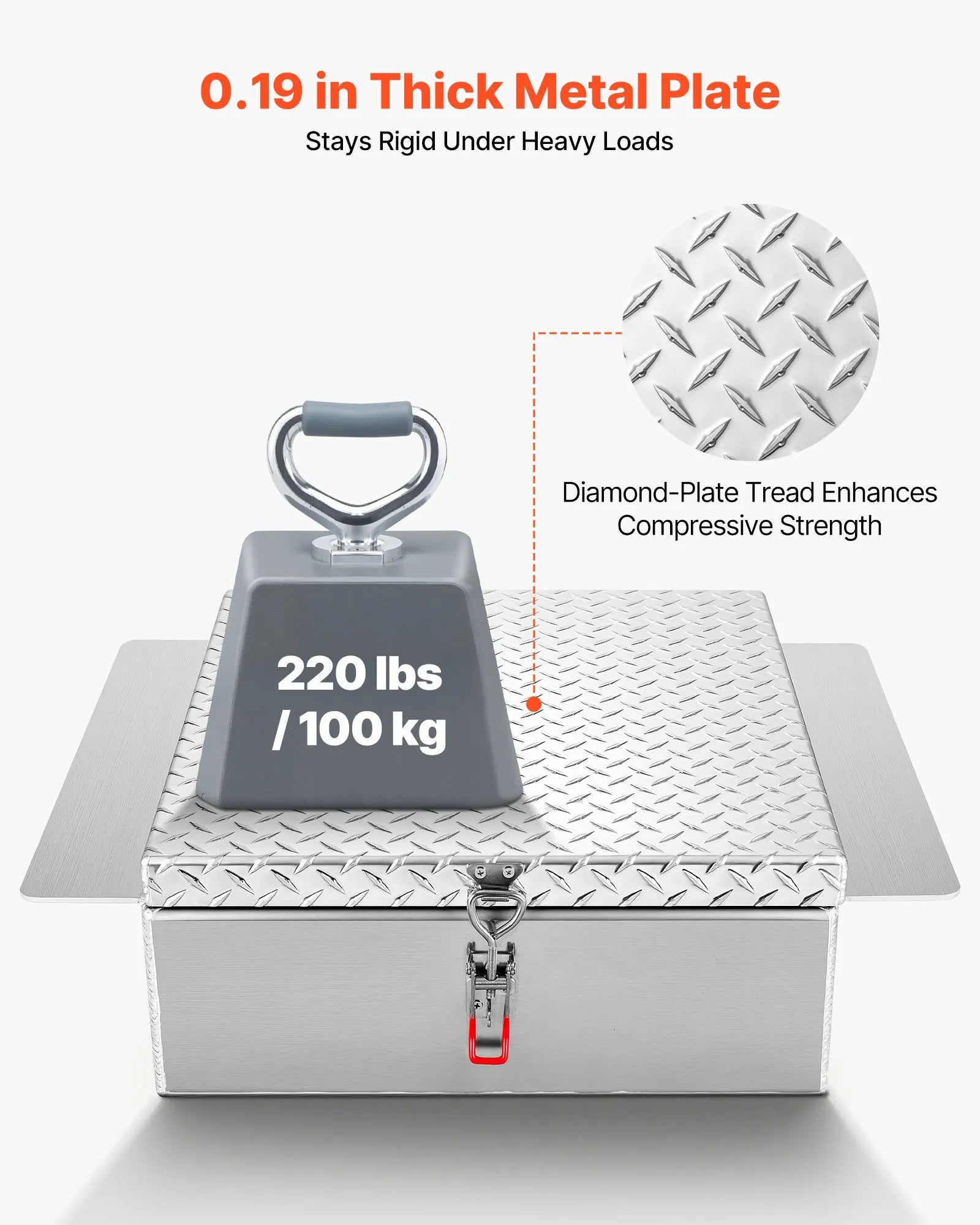 VEVOR kravas kastes instrumentu kaste, izturīga alumīnija instrumentu kaste ar rievotu (diamond plate) vāku, slodze līdz 100 kg, ar slēdzeni, piemērota pikapiem, kravas auto kastēm, kemperiem un piekabēm, 770 × 610 × 230 mm, sudraba krāsā.