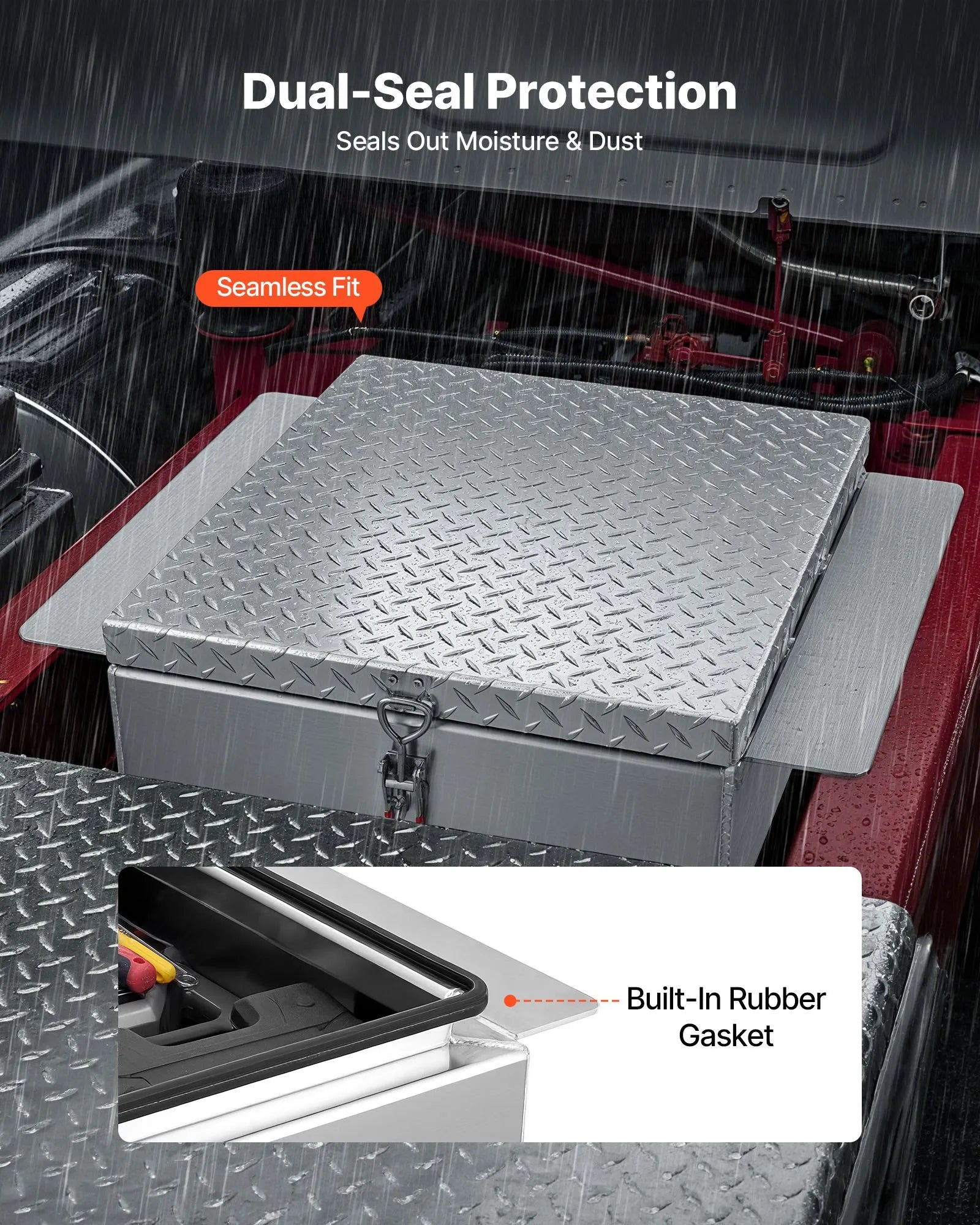 VEVOR kravas kastes instrumentu kaste, izturīga alumīnija instrumentu kaste ar rievotu (diamond plate) vāku, slodze līdz 100 kg, ar slēdzeni, piemērota pikapiem, kravas auto kastēm, kemperiem un piekabēm, 770 × 610 × 230 mm, sudraba krāsā.