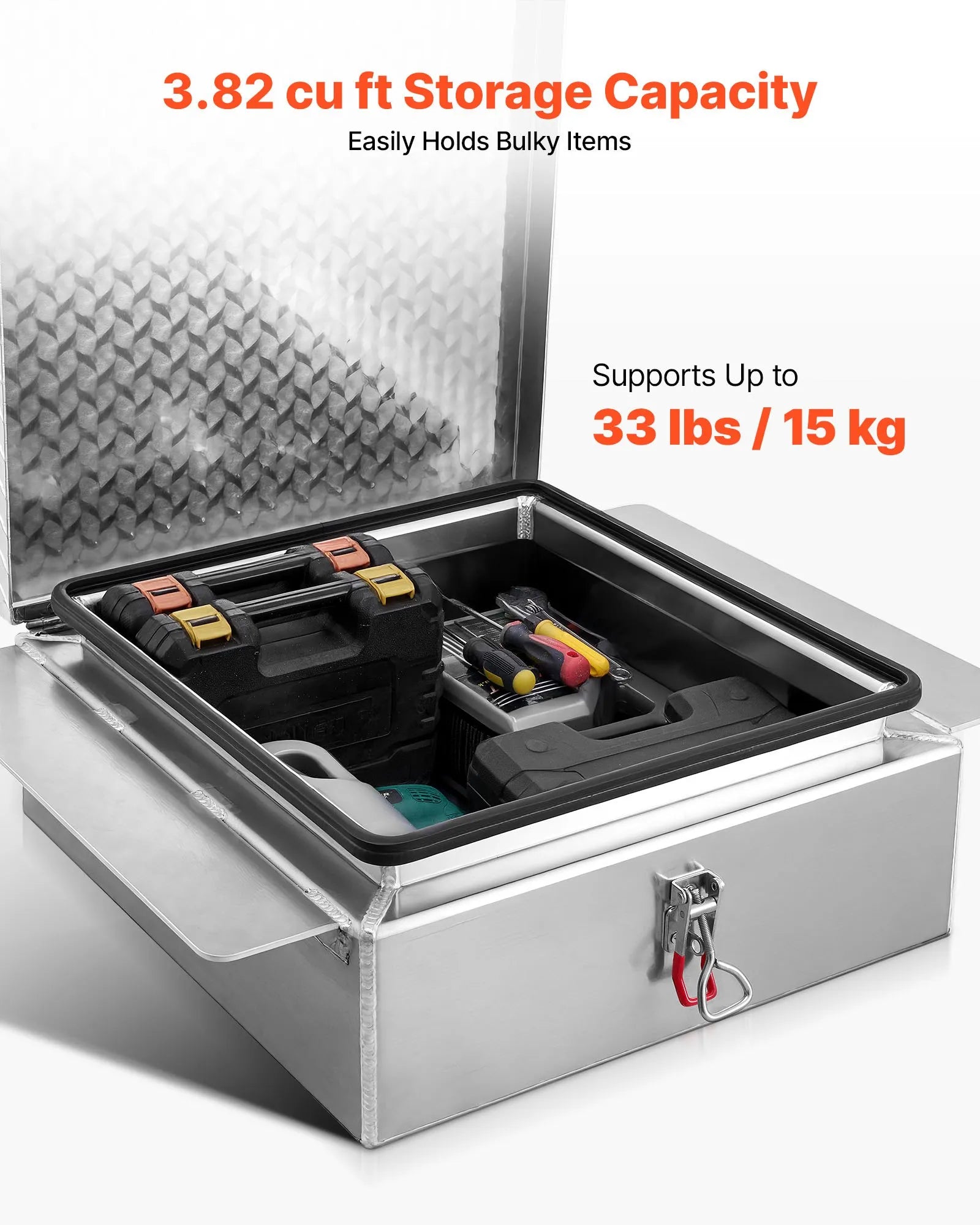 VEVOR kravas kastes instrumentu kaste, izturīga alumīnija instrumentu kaste ar rievotu (diamond plate) vāku, slodze līdz 100 kg, ar slēdzeni, piemērota pikapiem, kravas auto kastēm, kemperiem un piekabēm, 770 × 610 × 230 mm, sudraba krāsā.