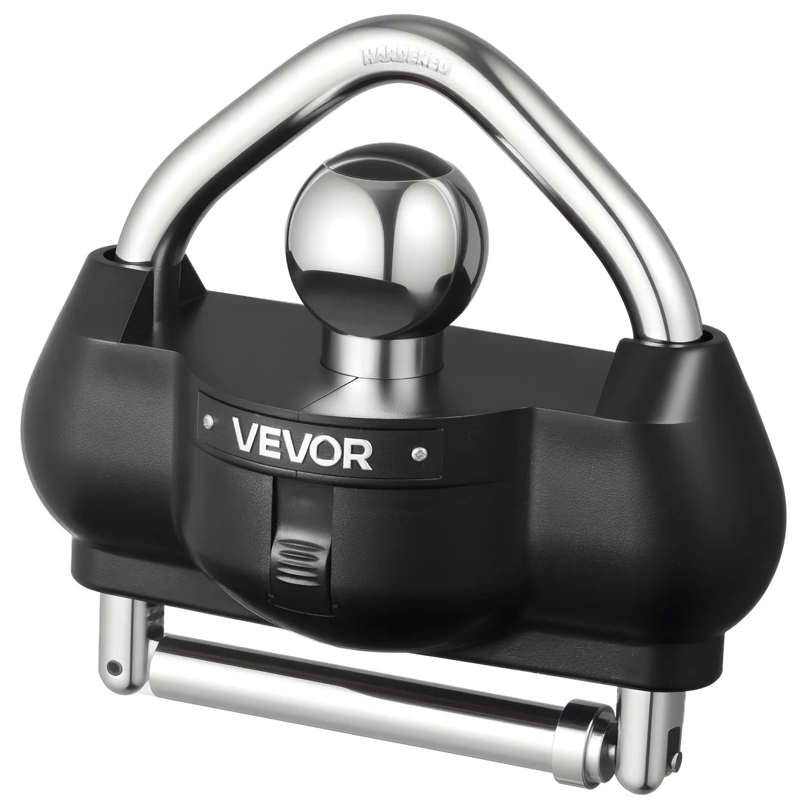 VEVOR piekabes sakabes slēdzene, piemērota 46 mm, 50,8 mm un 58,7 mm sakabēm, izturīga pret zādzību lodveida sakabes bloķētājs ar 3 atslēgām, noturīgs pret uzlaušanu, regulējama augstuma dizains kemperiem, laivām un piekabēm, melna.