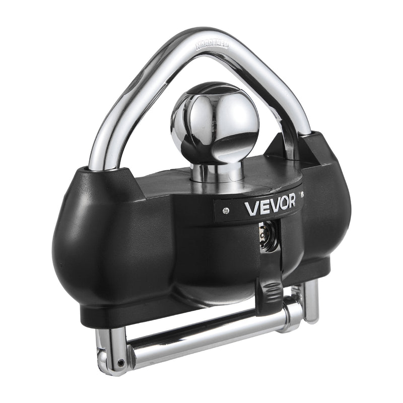 VEVOR piekabes sakabes slēdzene, piemērota 46 mm, 50,8 mm un 58,7 mm sakabēm, izturīga pret zādzību lodveida sakabes bloķētājs ar 3 atslēgām, noturīgs pret uzlaušanu, regulējama augstuma dizains kemperiem, laivām un piekabēm, melna.