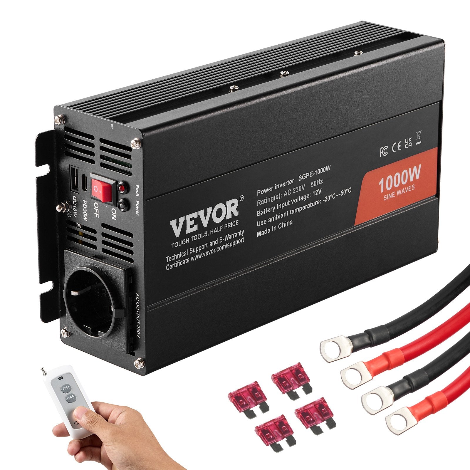 VEVOR puhta siinuslaine muundur 1000W DC12V AC230V, inverter LCD, kaugjuhtimispult, CE