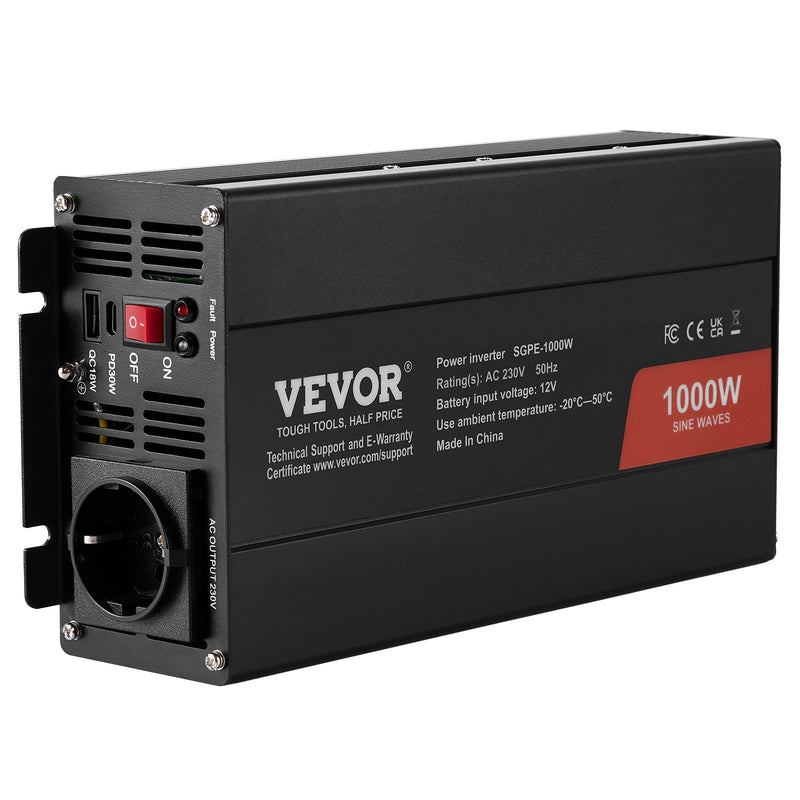 VEVOR чистая синусоида инвертор преобразователь мощности 1000W DC12V AC230V, инвертор LCD, пульт дистанционного управления, CE