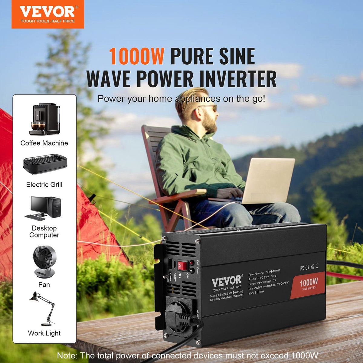 VEVOR чистая синусоида инвертор преобразователь мощности 1000W DC12V AC230V, инвертор LCD, пульт дистанционного управления, CE