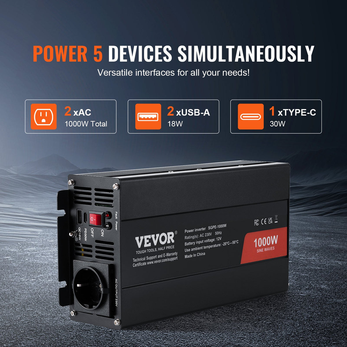 VEVOR чистая синусоида инвертор преобразователь мощности 1000W DC12V AC230V, инвертор LCD, пульт дистанционного управления, CE