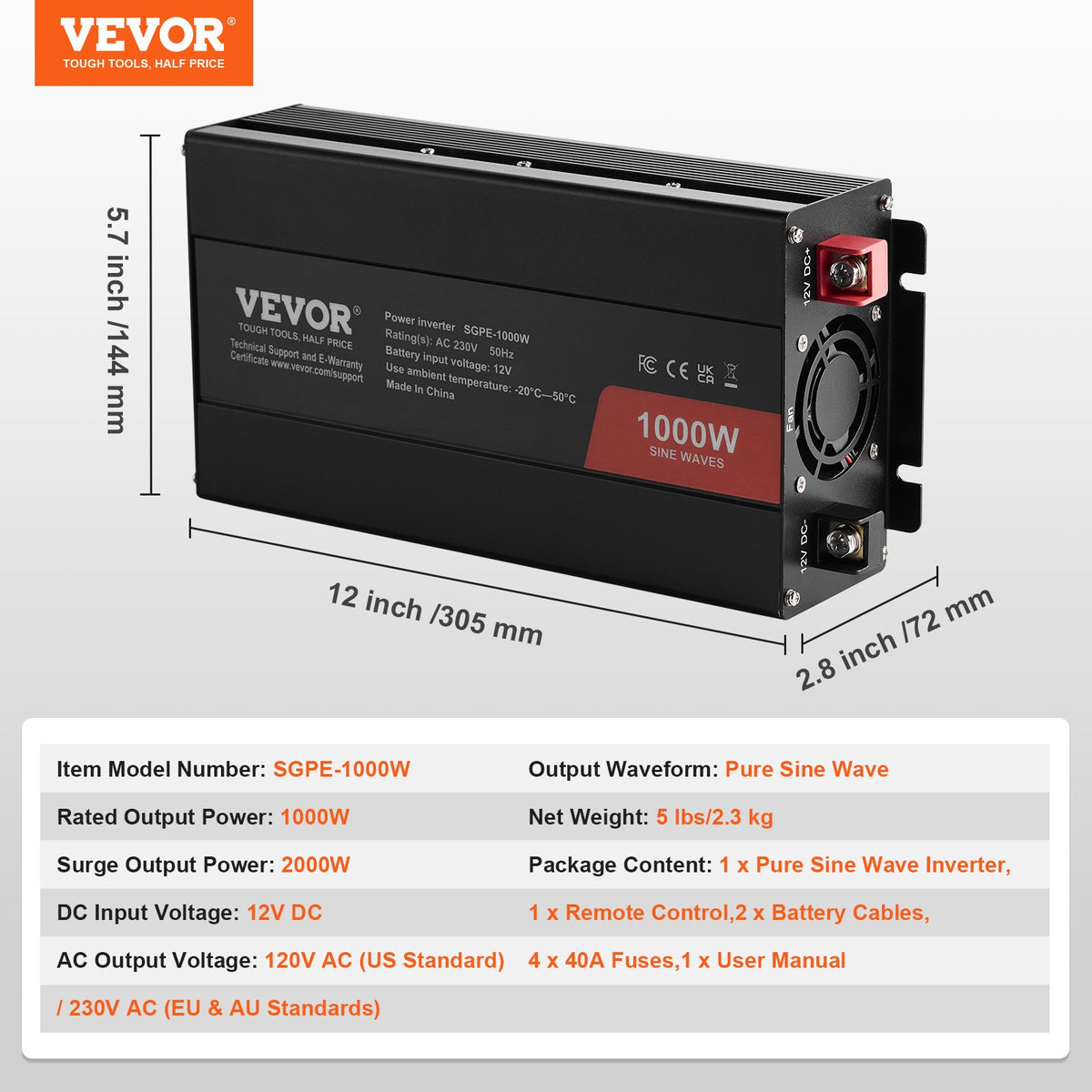 VEVOR чистая синусоида инвертор преобразователь мощности 1000W DC12V AC230V, инвертор LCD, пульт дистанционного управления, CE