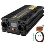 VEVORi puhas siinuslaine inverter 2500W DC 12V kuni AC 230V, USB port, LCD ekraan, kaugjuhtimispult, turvakaitsed ja energiamuundur, mis sobib RV, veoautodele, paatidele ja hädaolukordadele.