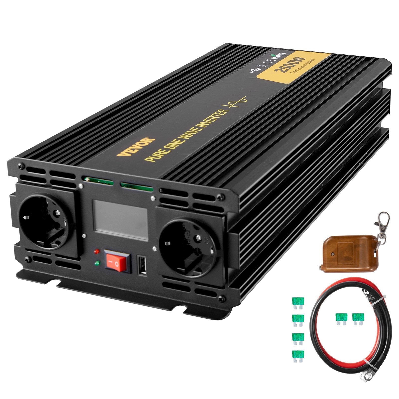 VEVORi puhas siinuslaine inverter 2500W DC 12V kuni AC 230V, USB port, LCD ekraan, kaugjuhtimispult, turvakaitsed ja energiamuundur, mis sobib RV, veoautodele, paatidele ja hädaolukordadele.