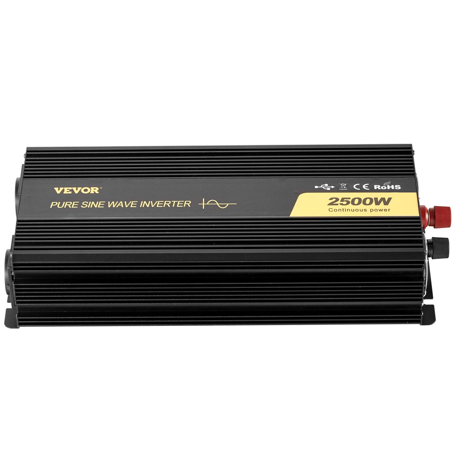 VEVORi puhas siinuslaine inverter 2500W DC 12V kuni AC 230V, USB port, LCD ekraan, kaugjuhtimispult, turvakaitsed ja energiamuundur, mis sobib RV, veoautodele, paatidele ja hädaolukordadele.