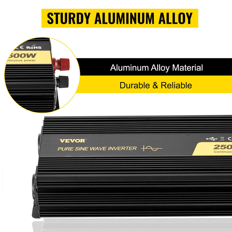 Инвертор VEVOR 2500W DC 12V в AC 230V, с USB-портом, ЖК-дисплеем, пультом дистанционного управления, защитой и преобразователем энергии, подходит для RV, грузовиков, лодок и чрезвычайных ситуаций.